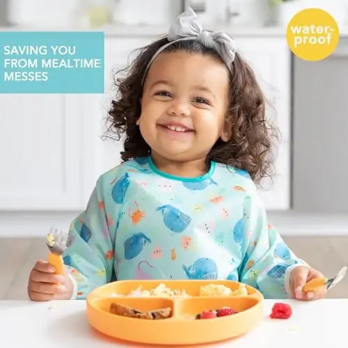 Bumkins - Sleeved Bib - For Boys & Girls, Babies & Toddlers 6-24 Months - Lightweight, Durable, Waterproof - Long Sleeve Bib - Catch-All Pocket - Wipeable & Machine Washable - Jungle & Ocean - 2 Pack - BUMKINS (1)