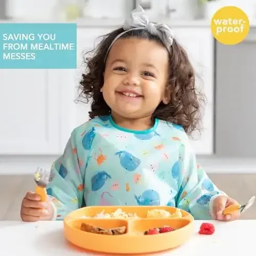 Bumkins - Sleeved Bib - For Boys & Girls, Babies & Toddlers 6-24 Months - Lightweight, Durable, Waterproof - Long Sleeve Bib - Catch-All Pocket - Wipeable & Machine Washable - Jungle & Ocean - 2 Pack - 2