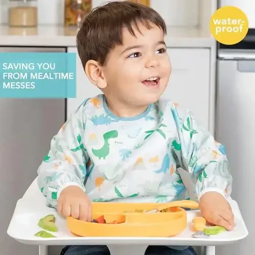 Bumkins - Sleeved Bib - For Boys & Girls, Babies & Toddlers 6-24 Months - Lightweight, Durable, Waterproof -Long Sleeve Bib -Catch-All Pocket -Wipeable & Machine Washable -Dinosaurs & Outdoors -2 Pack - 2