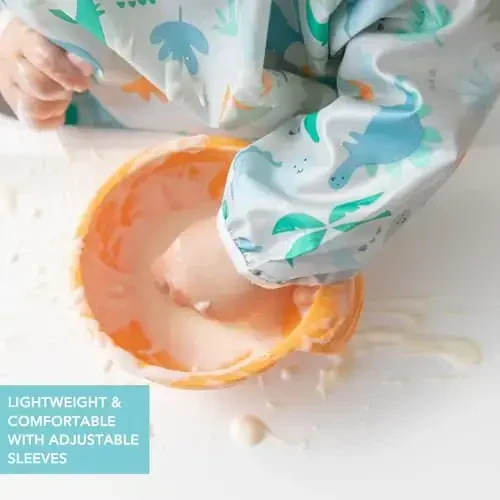 Bumkins - Sleeved Bib - For Boys & Girls, Babies & Toddlers 6-24 Months - Lightweight, Durable, Waterproof -Long Sleeve Bib -Catch-All Pocket -Wipeable & Machine Washable -Dinosaurs & Outdoors -2 Pack - 4