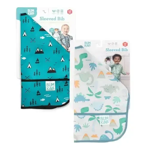 Bumkins - Sleeved Bib - For Boys & Girls, Babies & Toddlers 6-24 Months - Lightweight, Durable, Waterproof -Long Sleeve Bib -Catch-All Pocket -Wipeable & Machine Washable -Dinosaurs & Outdoors -2 Pack - 6