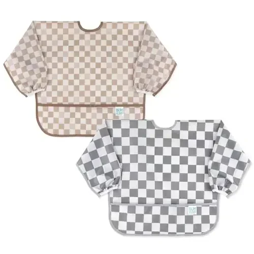 Bumkins - Sleeved Bib -For Boys & Girls, Babies & Toddlers 6-24 Months - Lightweight, Durable, Waterproof - Long Sleeve Bib - Catch-All Pocket - Wipeable & Machine Washable -Beige & Gray Check -2 Pack - MODAZONE
