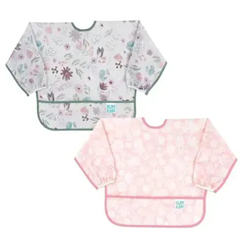 Bumkins - Sleeved Bib - For Boys & Girls, Babies & Toddlers 6-24 Months - Lightweight, Durable, Waterproof - Long Sleeve Bib - Catch-All Pocket - Wipeable & Machine Washable - Floral & Lace - 2 Pack - MODAZONE