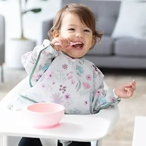 Bumkins - Sleeved Bib - For Boys & Girls, Babies & Toddlers 6-24 Months - Lightweight, Durable, Waterproof - Long Sleeve Bib - Catch-All Pocket - Wipeable & Machine Washable - Floral & Lace - 2 Pack - MODAZONE (1)