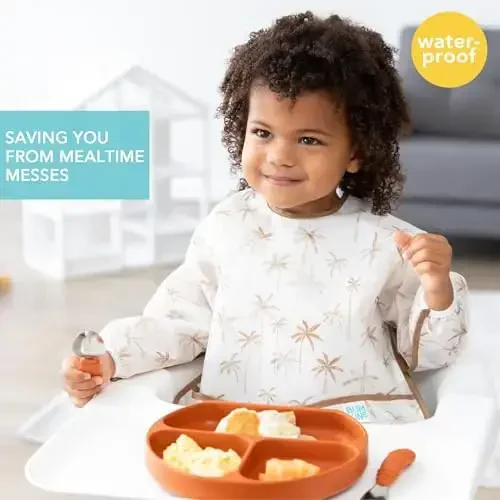 Bumkins - Sleeved Bib - For Boys & Girls, Babies & Toddlers 6-24 Months - Lightweight, Durable, Waterproof - Long Sleeve Bib - Catch-All Pocket - Wipeable & Machine Washable - Checks & Palms - 2 Pack - MODAZONE (1)