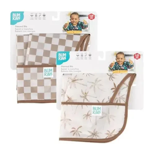 Bumkins - Sleeved Bib - For Boys & Girls, Babies & Toddlers 6-24 Months - Lightweight, Durable, Waterproof - Long Sleeve Bib - Catch-All Pocket - Wipeable & Machine Washable - Checks & Palms - 2 Pack - 6