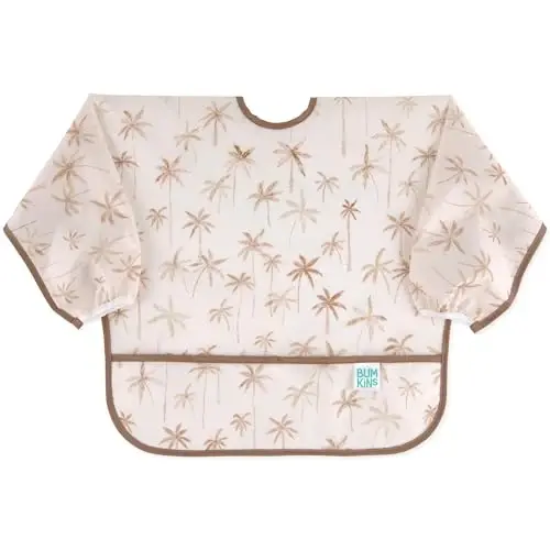 Bumkins Sleeved Bib for Girl or Boy, Baby and Toddler for 6-24 Mos, Essential Must Have for Eating, Feeding, Baby Led Weaning Supplies, Long Sleeve Mess Saving Food Catcher, Soft Fabric, Palm Trees 