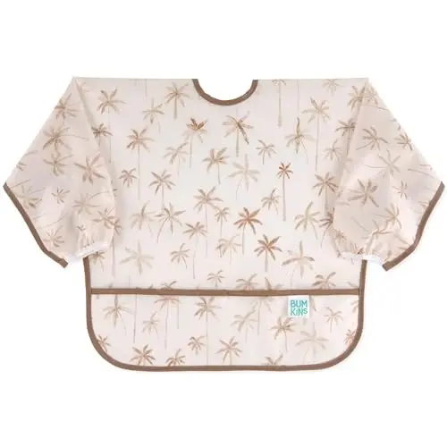 Bumkins Sleeved Bib for Girl or Boy, Baby and Toddler for 6-24 Mos, Essential Must Have for Eating, Feeding, Baby Led Weaning Supplies, Long Sleeve Mess Saving Food Catcher, Soft Fabric, Palm Trees - 1
