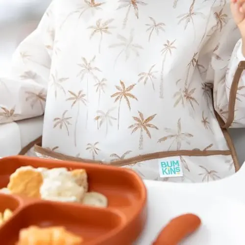 Bumkins Sleeved Bib for Girl or Boy, Baby and Toddler for 6-24 Mos, Essential Must Have for Eating, Feeding, Baby Led Weaning Supplies, Long Sleeve Mess Saving Food Catcher, Soft Fabric, Palm Trees - 3