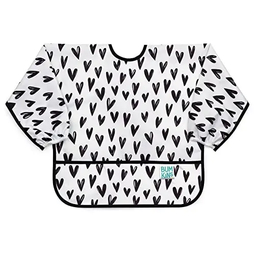Bumkins Sleeved Bib for Girl or Boy, Baby and Toddler for 6-24 Months, Essential Must Have for Eating, Feeding, Baby Led Weaning Supplies, Long Sleeve Mess Saving Food Catcher, Hearts Black and White - MODAZONE