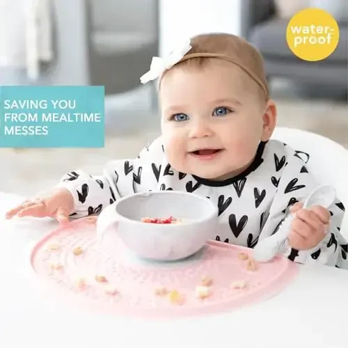 Bumkins Sleeved Bib for Girl or Boy, Baby and Toddler for 6-24 Months, Essential Must Have for Eating, Feeding, Baby Led Weaning Supplies, Long Sleeve Mess Saving Food Catcher, Hearts Black and White - 2