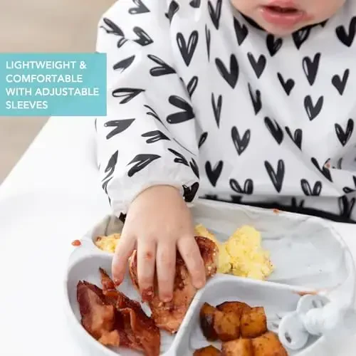Bumkins Sleeved Bib for Girl or Boy, Baby and Toddler for 6-24 Months, Essential Must Have for Eating, Feeding, Baby Led Weaning Supplies, Long Sleeve Mess Saving Food Catcher, Hearts Black and White - 4