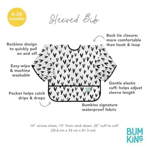 Bumkins Sleeved Bib for Girl or Boy, Baby and Toddler for 6-24 Months, Essential Must Have for Eating, Feeding, Baby Led Weaning Supplies, Long Sleeve Mess Saving Food Catcher, Hearts Black and White - 5