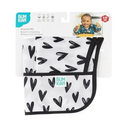 Bumkins Sleeved Bib for Girl or Boy, Baby and Toddler for 6-24 Months, Essential Must Have for Eating, Feeding, Baby Led Weaning Supplies, Long Sleeve Mess Saving Food Catcher, Hearts Black and White - 6