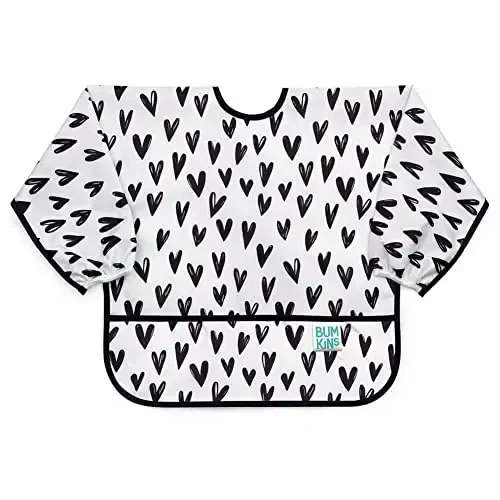 Bumkins Sleeved Bib for Girl or Boy, Baby and Toddler for 6-24 Months, Essential Must Have for Eating, Feeding, Baby Led Weaning Supplies, Long Sleeve Mess Saving Food Catcher, Hearts Black and White 
