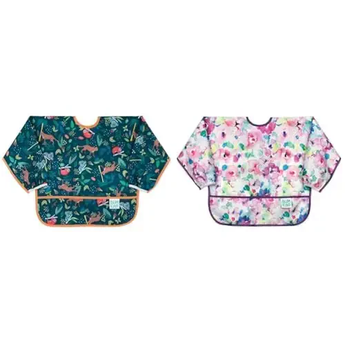 Bumkins Sleeved Bibs for Boy or Girl Baby and Toddler 6-24 Months, Essential for Eating and Feeding, Long Sleeve Mess Saving Food Catchers, Soft Fabric, Jungle and Watercolors Floral Prints 