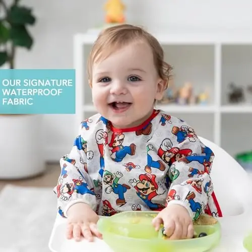 Bumkins Bibs, Baby and Toddler Girls and Boys 6-24 Months, Long Sleeve, Essential Must Have for Eating, Feeding, Mess Saving Lightweight Waterproof Fabric Sleeved Smock, Nintendo Mario and Luigi - 4