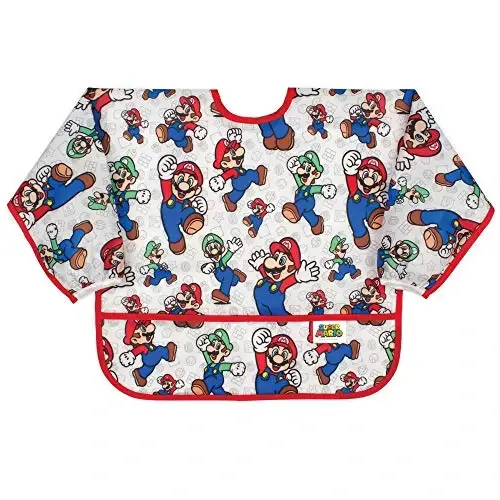 Bumkins Bibs, Baby and Toddler Girls and Boys 6-24 Months, Long Sleeve, Essential Must Have for Eating, Feeding, Mess Saving Lightweight Waterproof Fabric Sleeved Smock, Nintendo Mario and Luigi 