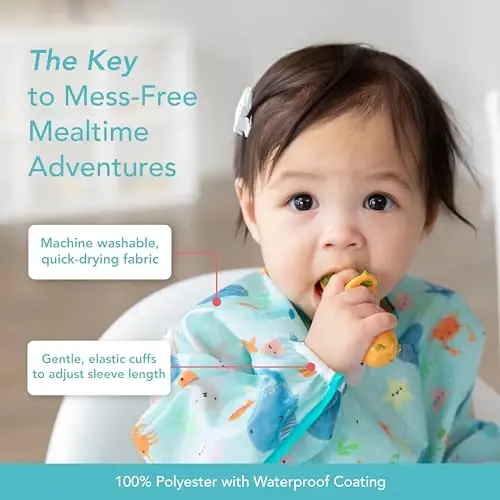 Bumkins Bibs, Baby and Toddler Girls and Boys 6-24 Months, Long Sleeve, Essential Must Have for Eating, Feeding, Mess Saving Lightweight Waterproof Fabric Sleeved Smock, Ocean Life - 3