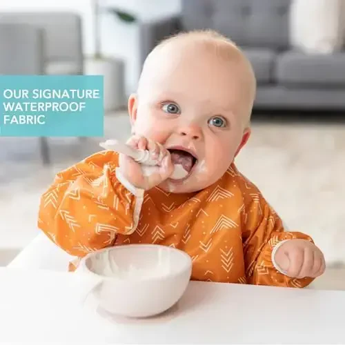 Bumkins Sleeved Bib для девочки или мальчика, для малышей 6-24 мес., незаменимая вещь для еды, кормления, прикорма, нагрудник с длинными рукавами, мягкая ткань, Boho Orange - 3