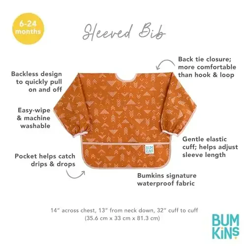Bumkins Sleeved Bib для девочки или мальчика, для малышей 6-24 мес., незаменимая вещь для еды, кормления, прикорма, нагрудник с длинными рукавами, мягкая ткань, Boho Orange - 5