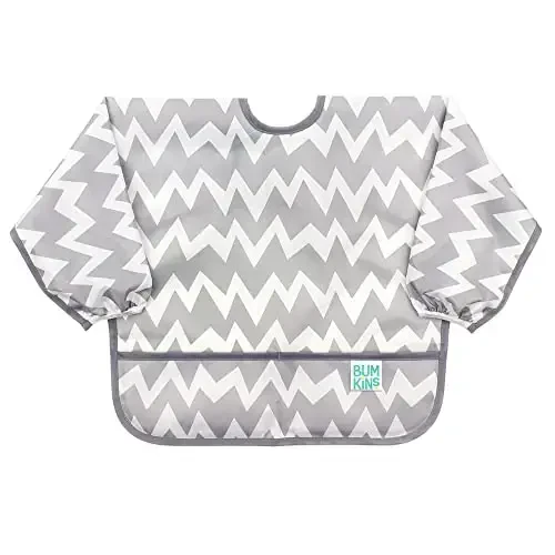 Bumkins Sleeved Bib для девочки или мальчика, для младенцев и малышей 6-24 мес., необходимый предмет для еды, кормления, прикорма, длинный рукав, карман для еды, мягкая ткань, серый шеврон - 1