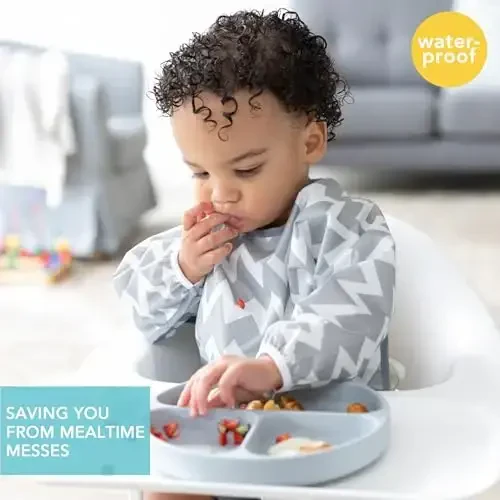 Bumkins Sleeved Bib для девочки или мальчика, для младенцев и малышей 6-24 мес., необходимый предмет для еды, кормления, прикорма, длинный рукав, карман для еды, мягкая ткань, серый шеврон - MODAZONE (1)