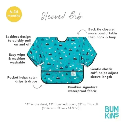 Bumkins Sleeved Bib для девочки или мальчика, для младенцев и малышей 6-24 мес., необходимый предмет для еды, кормления, прикорма, с длинными рукавами, с карманом для еды, ткань, Outdoors Blue - 5