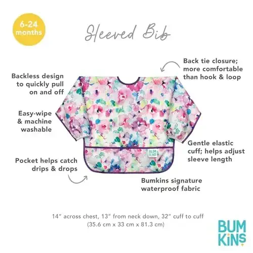 Bumkins Sleeved Bib для девочки или мальчика, для младенцев и малышей 6-24 мес., незаменимый предмет для еды, кормления, прикорма, длинный рукав для сбора еды, мягкая ткань, акварельные цветы - 5