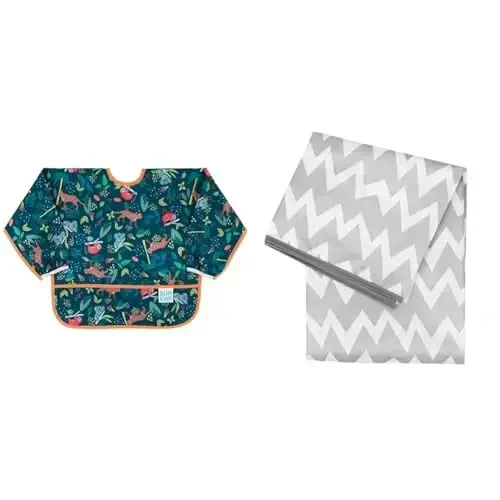 Bumkins Sleeved Bib for Baby & Toddler 6-24M + Splat Mat for Under High Chair, Babies Eating Mess Mat, Waterproof Reusable Cloth 42inx42in Gray Chevron 