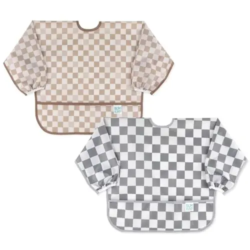 Bumkins - Sleeved Bib -For Boys & Girls, Babies & Toddlers 6-24 Months - Lightweight, Durable, Waterproof - Long Sleeve Bib - Catch-All Pocket - Wipeable & Machine Washable -Beige & Gray Check -2 Pack 