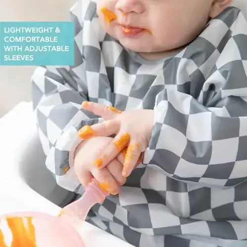Bumkins - Sleeved Bib -For Boys & Girls, Babies & Toddlers 6-24 Months - Lightweight, Durable, Waterproof - Long Sleeve Bib - Catch-All Pocket - Wipeable & Machine Washable -Beige & Gray Check -2 Pack - 4