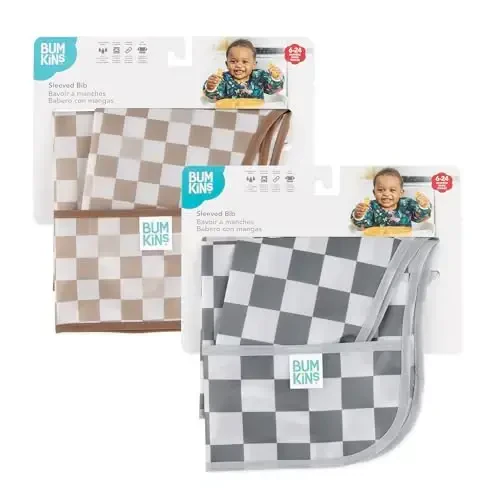 Bumkins - Sleeved Bib -For Boys & Girls, Babies & Toddlers 6-24 Months - Lightweight, Durable, Waterproof - Long Sleeve Bib - Catch-All Pocket - Wipeable & Machine Washable -Beige & Gray Check -2 Pack - 6
