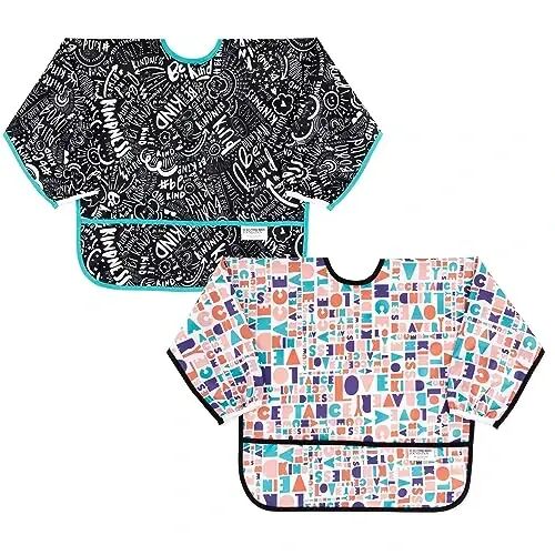 Bumkins - Sleeved Bib - For Boys & Girls, Babies & Toddlers 6-24 Months - Lightweight, Durable, Waterproof - Long Sleeve Bib - Catch-All Pocket - Wipeable & Machine Washable - Btwf - 2 Pack - BUMKINS