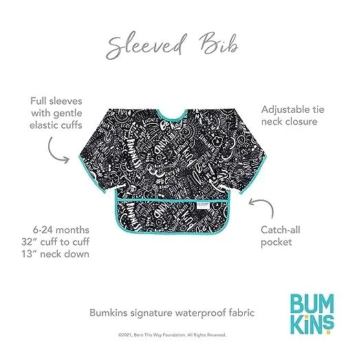 Bumkins - Sleeved Bib - For Boys & Girls, Babies & Toddlers 6-24 Months - Lightweight, Durable, Waterproof - Long Sleeve Bib - Catch-All Pocket - Wipeable & Machine Washable - Btwf - 2 Pack - 5