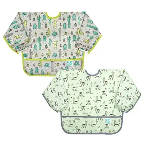 Bumkins - Sleeved Bib - For Boys & Girls, Babies & Toddlers 6-24 Months - Lightweight, Durable, Waterproof - Long Sleeve Bib - Catch-All Pocket - Wipeable & Machine Washable - Cactus & Llama - 2 Pack - 1