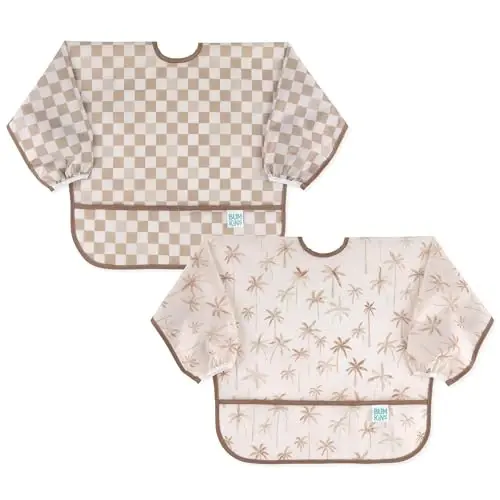 Bumkins - Sleeved Bib - For Boys & Girls, Babies & Toddlers 6-24 Months - Lightweight, Durable, Waterproof - Long Sleeve Bib - Catch-All Pocket - Wipeable & Machine Washable - Checks & Palms - 2 Pack 