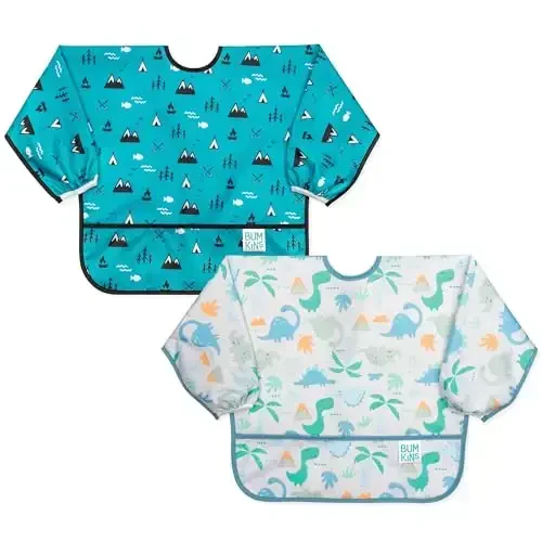 Bumkins - Sleeved Bib - For Boys & Girls, Babies & Toddlers 6-24 Months - Lightweight, Durable, Waterproof -Long Sleeve Bib -Catch-All Pocket -Wipeable & Machine Washable -Dinosaurs & Outdoors -2 Pack - MODAZONE