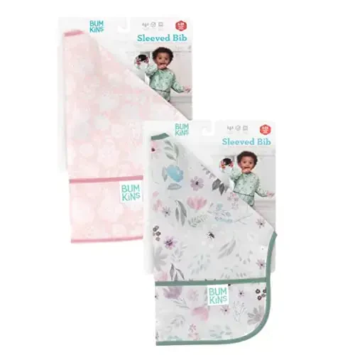 Bumkins - Sleeved Bib - For Boys & Girls, Babies & Toddlers 6-24 Months - Lightweight, Durable, Waterproof - Long Sleeve Bib - Catch-All Pocket - Wipeable & Machine Washable - Floral & Lace - 2 Pack - 5