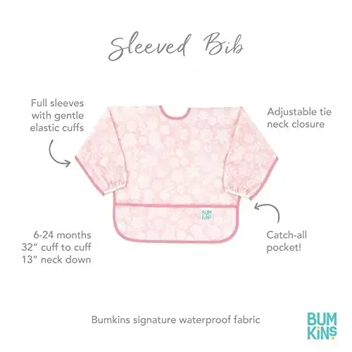 Bumkins - Sleeved Bib - For Boys & Girls, Babies & Toddlers 6-24 Months - Lightweight, Durable, Waterproof - Long Sleeve Bib - Catch-All Pocket - Wipeable & Machine Washable - Floral & Lace - 2 Pack - 6