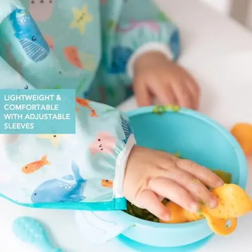 Bumkins - Sleeved Bib - For Boys & Girls, Babies & Toddlers 6-24 Months - Lightweight, Durable, Waterproof - Long Sleeve Bib - Catch-All Pocket - Wipeable & Machine Washable - Jungle & Ocean - 2 Pack - 4