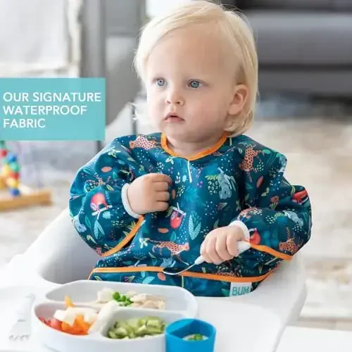 Bumkins - Sleeved Bib - For Boys & Girls, Babies & Toddlers 6-24 Months - Lightweight, Durable, Waterproof - Long Sleeve Bib - Catch-All Pocket - Wipeable & Machine Washable - Jungle & Ocean - 2 Pack - 3