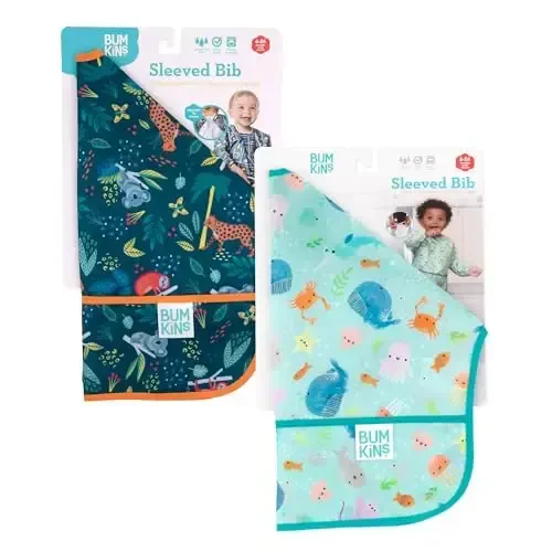 Bumkins - Sleeved Bib - For Boys & Girls, Babies & Toddlers 6-24 Months - Lightweight, Durable, Waterproof - Long Sleeve Bib - Catch-All Pocket - Wipeable & Machine Washable - Jungle & Ocean - 2 Pack - 6