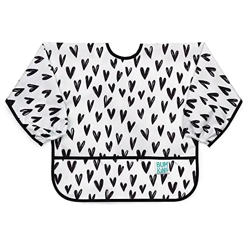 Bumkins Sleeved Bib for Girl or Boy, Baby and Toddler for 6-24 Months, Essential Must Have for Eating, Feeding, Baby Led Weaning Supplies, Long Sleeve Mess Saving Food Catcher, Hearts Black and White 