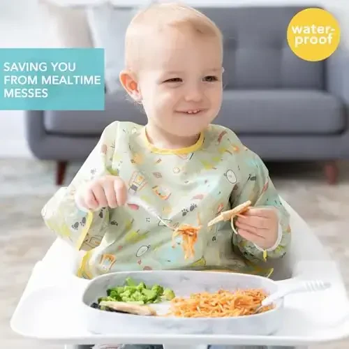 Bumkins Sleeved Bib for Girl or Boy, Baby and Toddler for 6-24 Mos, Essential Must Have for Eating, Feeding, Baby Led Weaning, Long Sleeve Mess Saving Food Catcher, Soft Fabric, Camp Gear Green - 2