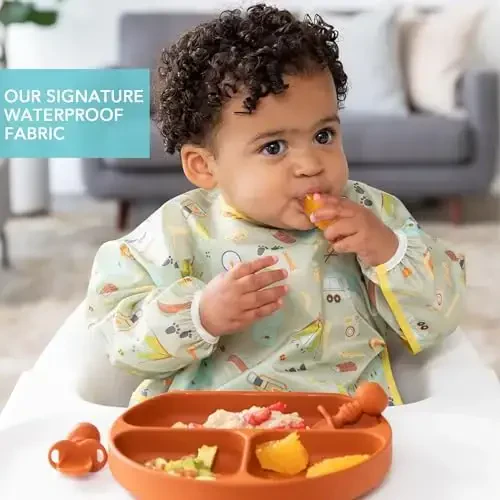 Bumkins Sleeved Bib for Girl or Boy, Baby and Toddler for 6-24 Mos, Essential Must Have for Eating, Feeding, Baby Led Weaning, Long Sleeve Mess Saving Food Catcher, Soft Fabric, Camp Gear Green - 3