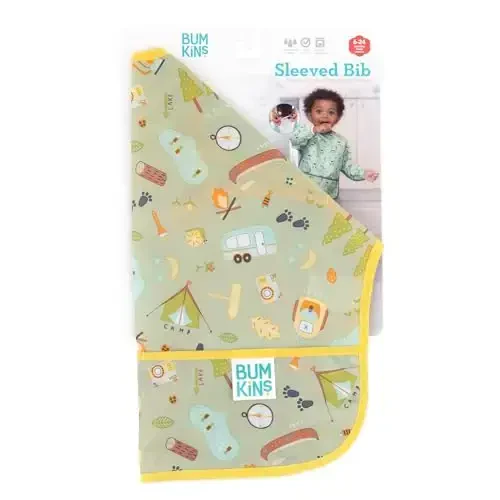 Bumkins Sleeved Bib for Girl or Boy, Baby and Toddler for 6-24 Mos, Essential Must Have for Eating, Feeding, Baby Led Weaning, Long Sleeve Mess Saving Food Catcher, Soft Fabric, Camp Gear Green - 6