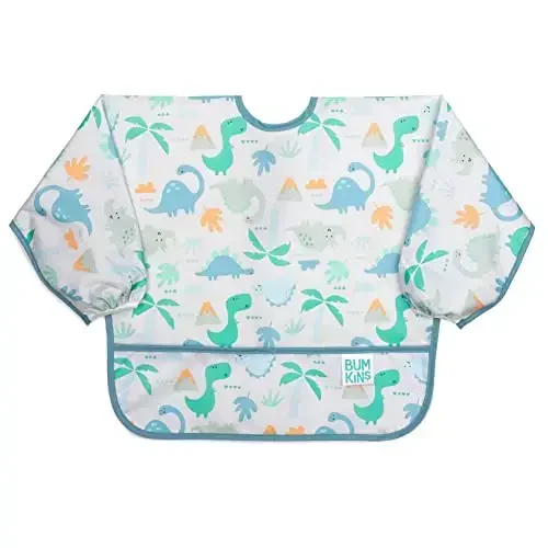 Bumkins Sleeved Bib for Girl or Boy, Baby and Toddler for 6-24 Mos, Essential Must Have for Eating, Feeding, Baby Led Weaning Supplies, Long Sleeve Mess Saving Food Catcher, Fabric, Dinosaur Gray 