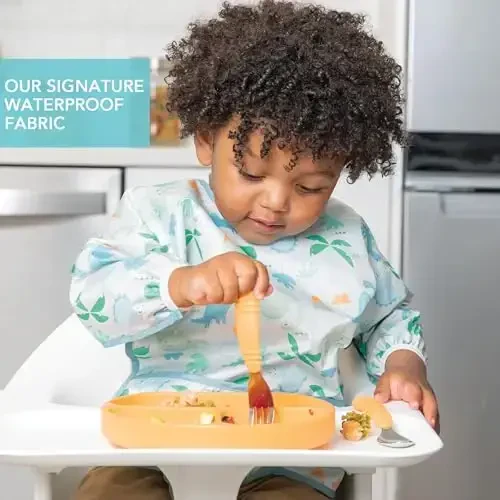 Bumkins Sleeved Bib for Girl or Boy, Baby and Toddler for 6-24 Mos, Essential Must Have for Eating, Feeding, Baby Led Weaning Supplies, Long Sleeve Mess Saving Food Catcher, Fabric, Dinosaur Gray - 3