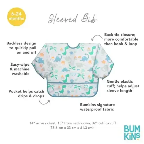 Bumkins Sleeved Bib for Girl or Boy, Baby and Toddler for 6-24 Mos, Essential Must Have for Eating, Feeding, Baby Led Weaning Supplies, Long Sleeve Mess Saving Food Catcher, Fabric, Dinosaur Gray - 5